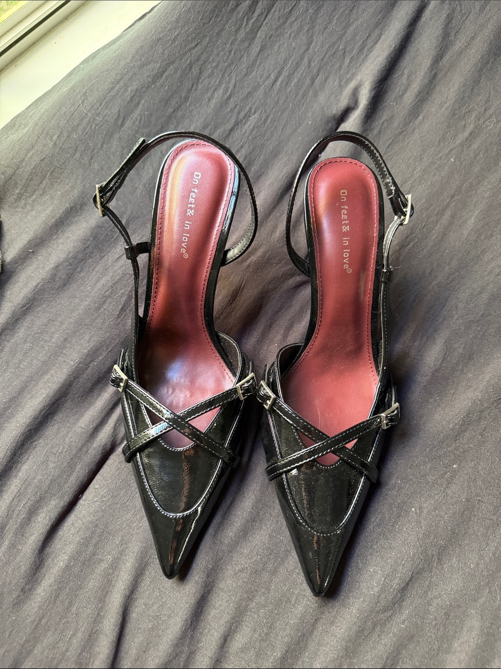 Zara Black Patent Pointed Slingback Heels with Cross Straps